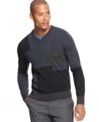 Who loves you more than you? Look marvelous with this colorblock v-neck pullover sweater by Calvin Klein. Who loves you more than you? Look marvelous with this colorblock v-neck pullover sweater by Calvin Klein.