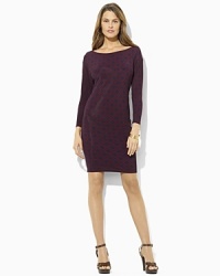 A modern, two-tone print enriches an elegant matte jersey dress for a sophisticated look that's ideal for both work and the weekend. A modern, two-tone print enriches an elegant matte jersey dress for a sophisticated look that's ideal for both work and the weekend.