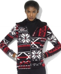 Lauren Ralph Lauren's cozy zip hoodie is crafted from ultra-soft fleece and accented with a vibrant snowflake pattern and stylish trim at the hood. Lauren Ralph Lauren's cozy zip hoodie is crafted from ultra-soft fleece and accented with a vibrant snowflake pattern and stylish trim at the hood.