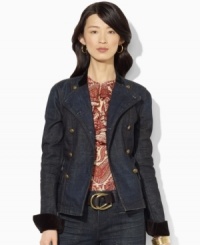 Classic military inspiration is reimagined for the modern woman with Lauren Jeans Co.'s sleek denim jacket finished with elegant velvet trim. Classic military inspiration is reimagined for the modern woman with Lauren Jeans Co.'s sleek denim jacket finished with elegant velvet trim.