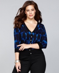 A cropped cardigan is an essential piece for any cold-weather wardrobe. INC's plus size sweater offers a fresh take, complete with an optic print and sparkling rhinestone buttons! A cropped cardigan is an essential piece for any cold-weather wardrobe. INC's plus size sweater offers a fresh take, complete with an optic print and sparkling rhinestone buttons!