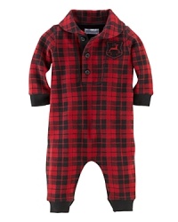 An essential coverall is rendered in soft flat-knit cotton and finished with a preppy shawl collar and a classic plaid print for heritage flair. An essential coverall is rendered in soft flat-knit cotton and finished with a preppy shawl collar and a classic plaid print for heritage flair.