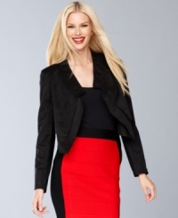 A cropped silhouette and faux suede fabrication make this INC jacket a versatile layer. A cropped silhouette and faux suede fabrication make this INC jacket a versatile layer.
