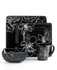 Sprawling black and white flowers lend your tabletop a modern sensibility. With a blend of hand-painted florals and contemporary design, the Anna square 4-piece place settings are crafted to enhance your decor at special occasions or quiet nights at home. Sprawling black and white flowers lend your tabletop a modern sensibility. With a blend of hand-painted florals and contemporary design, the Anna square 4-piece place settings are crafted to enhance your decor at special occasions or quiet nights at home.