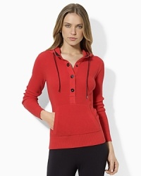 Lustrous LRL-embossed snaps lend subtle luxe to a formfitting hoodie in a soft thermal cotton knit for sleek active style. Lustrous LRL-embossed snaps lend subtle luxe to a formfitting hoodie in a soft thermal cotton knit for sleek active style.