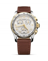 Victorinox's classic chronograph boasts an old-school sensibility with a dash of Swiss-made intelligence. Strap on this brown leather trimmed timepiece to add a smart touch to tailoring.