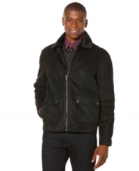 On his casual days, the sophisticated man wears this elegant sherpa collar coat by Perry Ellis.