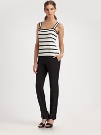 A classic straight leg design with unexpected front slits at the ankles.Belt looped waist Zip fly Side slash pockets Center front seaming Straight leg Slit at front ankle Inseam, about 30½ 63% triacetate/37% polyester Dry clean Made in USA Additional Information St. John General Size Guide A classic straight leg design with unexpected front slits at the ankles.Belt looped waist Zip fly Side slash pockets Center front seaming Straight leg Slit at front ankle Inseam, about 30½ 63% triacetate/37% polyester Dry clean Made in USA Additional Information St. John General Size Guide