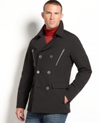 Score sophisticated style and function with this detailed, water-resistant double-breasted coat from Buffalo David Bitton. Score sophisticated style and function with this detailed, water-resistant double-breasted coat from Buffalo David Bitton.