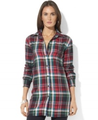Finished with glistening beading at the chest and faceted buttons, Lauren Ralph Lauren's soft cotton flannel tunic is a feminine update to a menswear-inspired classic. Finished with glistening beading at the chest and faceted buttons, Lauren Ralph Lauren's soft cotton flannel tunic is a feminine update to a menswear-inspired classic.
