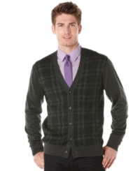 A great way to sharpen your style is with this smart plaid cardigan sweater from Perry Ellis. A great way to sharpen your style is with this smart plaid cardigan sweater from Perry Ellis.