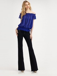 Breezy silk georgette in an off-the-shoulder peasant design, finished with soft ruching.Ruffled trim at elastic necklineDropped shouldersFlutter cap sleevesBlouson bodiceSmocked elastic waistAbout 24 from shoulder to hemSilkDry cleanImportedModel shown is 5'11 (180cm) wearing US size 4. Breezy silk georgette in an off-the-shoulder peasant design, finished with soft ruching.Ruffled trim at elastic necklineDropped shouldersFlutter cap sleevesBlouson bodiceSmocked elastic waistAbout 24 from shoulder to hemSilkDry cleanImportedModel shown is 5'11 (180cm) wearing US size 4.