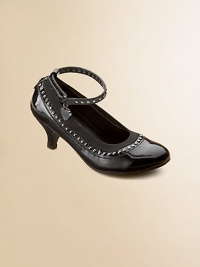 A shiny, faux patent leather, studded design rests atop a small kitten heel with adjustable ankle strap for your girly girl.Ankle strapFaux patent leather upperMicro suede liningRubber solePadded insoleImported A shiny, faux patent leather, studded design rests atop a small kitten heel with adjustable ankle strap for your girly girl.Ankle strapFaux patent leather upperMicro suede liningRubber solePadded insoleImported