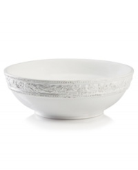 Bring a little old-fashioned romance to the table with Country Cupboard dinnerware. Featuring a rustic whitewash finish, border of embossed florals and delicate beading, this vintage-style vegetable bowl gives casual tables a sense of femininity and grace. Bring a little old-fashioned romance to the table with Country Cupboard dinnerware. Featuring a rustic whitewash finish, border of embossed florals and delicate beading, this vintage-style vegetable bowl gives casual tables a sense of femininity and grace.