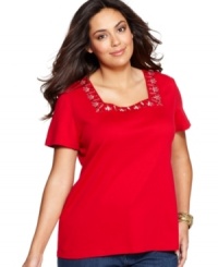 Upgrade your plain tees with Karen Scott's short sleeve plus size top, highlighted by an embellished neckline-- it's an Everyday Value!