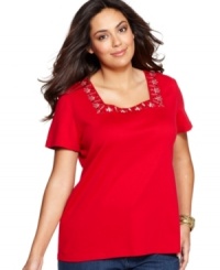 Upgrade your plain tees with Karen Scott's short sleeve plus size top, highlighted by an embellished neckline-- it's an Everyday Value! Upgrade your plain tees with Karen Scott's short sleeve plus size top, highlighted by an embellished neckline-- it's an Everyday Value!