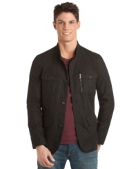 At ease: Calvin Klein Jeans takes the military silhouette of a field jacket and makes it in an easygoing brushed cotton. At ease: Calvin Klein Jeans takes the military silhouette of a field jacket and makes it in an easygoing brushed cotton.