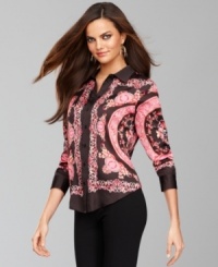 A bold baroque print and satin fabric takes INC's classic button-front shirt to the next level of chic! A bold baroque print and satin fabric takes INC's classic button-front shirt to the next level of chic!