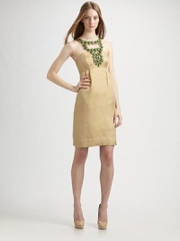 Truly a statement piece, this shimmery empire-waist design boasts a necklace-style bib studded generously with jade beads.Beaded neckline Empire waist Concealed back zip Fully lined About 22 from natural waist 74% acetate/26% cotton Dry clean Imported of domestic fabric Truly a statement piece, this shimmery empire-waist design boasts a necklace-style bib studded generously with jade beads.Beaded neckline Empire waist Concealed back zip Fully lined About 22 from natural waist 74% acetate/26% cotton Dry clean Imported of domestic fabric