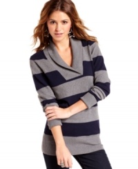 Sweater love: get cozy in this striped, shawl collar sweater of classic design! From Pink Rose. Sweater love: get cozy in this striped, shawl collar sweater of classic design! From Pink Rose.