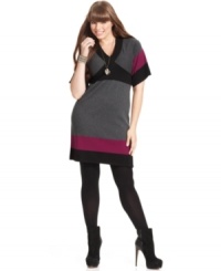 Score an ultra-hot trend with Pink Rose's short sleeve plus size sweater dress, showcasing a colorblocked pattern. Score an ultra-hot trend with Pink Rose's short sleeve plus size sweater dress, showcasing a colorblocked pattern.