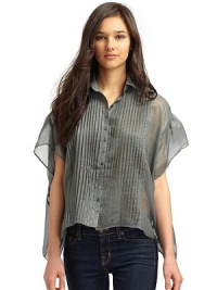 THE LOOKShort sleevesSlightly gathered at shouldersShirt collarButtonfrontPintuck detail at frontSeam detail at sidesSubtly metallic stripes throughoutBoxy silhouetteTHE FITAbout 22½ from shoulder to hemTHE MATERIAL86% silk/14% LurexCARE & ORIGINDry cleanImportedModel shown is 5'10 (177cm) wearing US size Small. THE LOOKShort sleevesSlightly gathered at shouldersShirt collarButtonfrontPintuck detail at frontSeam detail at sidesSubtly metallic stripes throughoutBoxy silhouetteTHE FITAbout 22½ from shoulder to hemTHE MATERIAL86% silk/14% LurexCARE & ORIGINDry cleanImportedModel shown is 5'10 (177cm) wearing US size Small.
