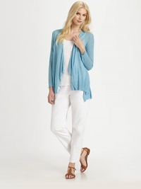 The flawless result of a lightweight fabrication and classic, ribbed details, this open-front cardigan is a must-have.Open-front designLong sleevesRibbed detailsDipped hemBack seamAbout 25 from shoulder to hem80% viscose/20% linenHand washImported of Italian fabric Model shown is 5'10 (177cm) wearing US size Small. The flawless result of a lightweight fabrication and classic, ribbed details, this open-front cardigan is a must-have.Open-front designLong sleevesRibbed detailsDipped hemBack seamAbout 25 from shoulder to hem80% viscose/20% linenHand washImported of Italian fabric Model shown is 5'10 (177cm) wearing US size Small.