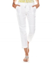 Get the look of the season with INC's cropped linen pants. The drawstring waist and zippered hems make them look so chic! Get the look of the season with INC's cropped linen pants. The drawstring waist and zippered hems make them look so chic!