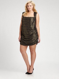 Lots of dazzle for evening in a modern brocade, styled with a bandeau neckline and side ruching for graceful draping across the skirt.Squared bandeau necklineWide tapered strapsStraight shaping through the waistSide ruching for front and back drapingSide zip closureContour hemAbout 26 from natural waistViscose/spandexDry cleanMade in USA Lots of dazzle for evening in a modern brocade, styled with a bandeau neckline and side ruching for graceful draping across the skirt.Squared bandeau necklineWide tapered strapsStraight shaping through the waistSide ruching for front and back drapingSide zip closureContour hemAbout 26 from natural waistViscose/spandexDry cleanMade in USA