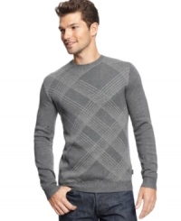 Sophisticated and always in style is this comfortable diagonal plaid crew neck sweater by BOSS Black. Sophisticated and always in style is this comfortable diagonal plaid crew neck sweater by BOSS Black.
