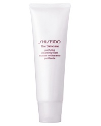 Shiseido The Skincare Purifying Cleansing Foam. A refreshing deep cleansing foam, with purifying granules for gentle exfoliating effects. Effectively removes makeup and dulling impurities while retaining essential moisture. Lathers quickly into a rich, creamy foam leaving skin feeling dewy fresh. Recommended for normal and combination skin. Use daily morning and evening. Shiseido The Skincare Purifying Cleansing Foam. A refreshing deep cleansing foam, with purifying granules for gentle exfoliating effects. Effectively removes makeup and dulling impurities while retaining essential moisture. Lathers quickly into a rich, creamy foam leaving skin feeling dewy fresh. Recommended for normal and combination skin. Use daily morning and evening.