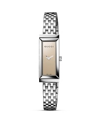 From the G-Frame collection, this sleek watch from Gucci is centered on an elongated rectangle display with minimalist brown mirror dial.