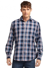 THE LOOKPlaid designShirt collarFront button closureLong button cuff sleevesU-shaped hemTHE MATERIALCottonCARE & ORIGINMachine washImportedThis item was originally available for purchase at Saks Fifth Avenue OFF 5TH stores. THE LOOKPlaid designShirt collarFront button closureLong button cuff sleevesU-shaped hemTHE MATERIALCottonCARE & ORIGINMachine washImportedThis item was originally available for purchase at Saks Fifth Avenue OFF 5TH stores.