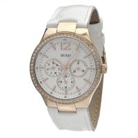GUESS Women's W13556L1 Round Case Gold Dial Crystal Bezel White Leather Strap Watch GUESS Women's W13556L1 Round Case Gold Dial Crystal Bezel White Leather Strap Watch