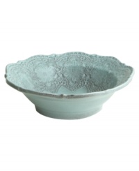 Handcrafted in the Italian tradition, the Merletto cereal bowl is intricately embellished with a lacy floral texture and painted a serene aqua hue. An elegant companion to Arte Italica dinnerware. Handcrafted in the Italian tradition, the Merletto cereal bowl is intricately embellished with a lacy floral texture and painted a serene aqua hue. An elegant companion to Arte Italica dinnerware.