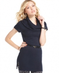 Stay warm, look hot: an oversized cowl neck, waist-cinching belt and ribbed accents make this sweater-style tunic from Planet Gold is a closet essential. Stay warm, look hot: an oversized cowl neck, waist-cinching belt and ribbed accents make this sweater-style tunic from Planet Gold is a closet essential.