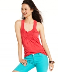 Planet Gold elevates the basic tank to high levels of artisanal cool, designing this style with a pretty, open-knit neckline and a bounty of braided back straps! Planet Gold elevates the basic tank to high levels of artisanal cool, designing this style with a pretty, open-knit neckline and a bounty of braided back straps!
