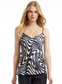 THE LOOKSleevelessAdjustable spaghetti strapsPleated detail at necklineAllover abstract printTHE FITAbout 25½ from shoulder to hemTHE MATERIALSilkFully linedCARE & ORIGINDry cleanImportedModel shown is 5'9 (175cm) wearing US size 4. THE LOOKSleevelessAdjustable spaghetti strapsPleated detail at necklineAllover abstract printTHE FITAbout 25½ from shoulder to hemTHE MATERIALSilkFully linedCARE & ORIGINDry cleanImportedModel shown is 5'9 (175cm) wearing US size 4.