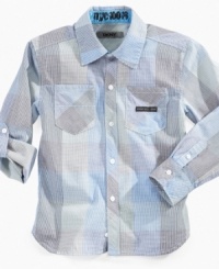 He can roll up his sleeves and keep his clean look under the hot summer sun in this prismatic button-front shirt from DKNY, with roll-tabs for extra style. He can roll up his sleeves and keep his clean look under the hot summer sun in this prismatic button-front shirt from DKNY, with roll-tabs for extra style.