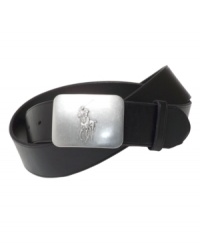Iconic belt crafted in supple vachetta leather with a brushed silver-toned plaque buckle with Ralph Lauren's embossed pony. Iconic belt crafted in supple vachetta leather with a brushed silver-toned plaque buckle with Ralph Lauren's embossed pony.