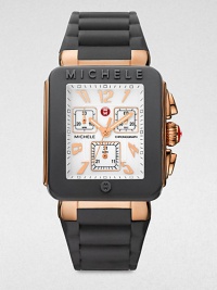 From the Jelly Bean Collection. A technical timepiece with glossy enamel accents and a playful, silicone strap. Swiss quartz movementWater resistant to 5 ATMRectangular rose goldtone ion-plated stainless steel case, 33mm (1.3) X 35.5mm (1.4)Logo embellished grey enamel bezelWhite enamel chronograph dialNumeric and dot hour markersSecond hand Grey silicone strapImported From the Jelly Bean Collection. A technical timepiece with glossy enamel accents and a playful, silicone strap. Swiss quartz movementWater resistant to 5 ATMRectangular rose goldtone ion-plated stainless steel case, 33mm (1.3) X 35.5mm (1.4)Logo embellished grey enamel bezelWhite enamel chronograph dialNumeric and dot hour markersSecond hand Grey silicone strapImported