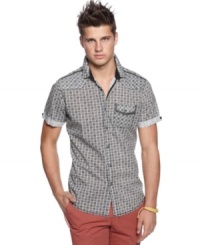 Looking for a simple solution to your summer shirt style? This print snap-front shirt from Bar III make looking cool in the heat easy. Looking for a simple solution to your summer shirt style? This print snap-front shirt from Bar III make looking cool in the heat easy.