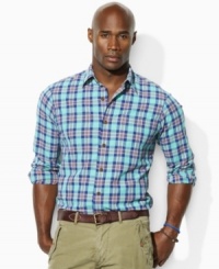 A bold, bright plaid enlivens a classic-fitting workshirt in soft, dobby-woven cotton. A bold, bright plaid enlivens a classic-fitting workshirt in soft, dobby-woven cotton.