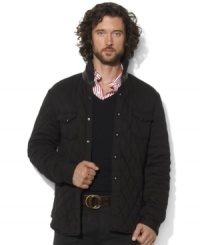 A unique quilted shirt, designed for lightweight warmth, features leather detailing at the elbows and collar for a hint of rugged edge.