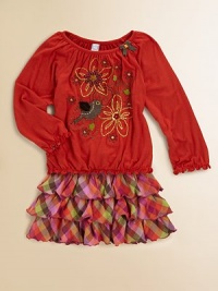 Accented by colorful floral embroidery, purl edge hem and bird appliqué, this pretty top is bound to be her favorite.Round necklineLong sleeves with purl edge cuffsPullover stylePurl edge hem95% rayon/5% spandexHand washImported Accented by colorful floral embroidery, purl edge hem and bird appliqué, this pretty top is bound to be her favorite.Round necklineLong sleeves with purl edge cuffsPullover stylePurl edge hem95% rayon/5% spandexHand washImported