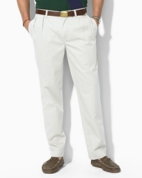 Tailored from a mid-weight timeworn chino, these timeless pants are designed with double forward pleats and a narrow leg. Standard-rise belted waist. Side on-seam pockets, split-besom pockets at back. Embroidered pony accents the back right pocket. Zip fly with button closure. Tailored from a mid-weight timeworn chino, these timeless pants are designed with double forward pleats and a narrow leg. Standard-rise belted waist. Side on-seam pockets, split-besom pockets at back. Embroidered pony accents the back right pocket. Zip fly with button closure.
