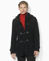 A ribbed cardigan crafted in an Italian wool-cashmere blend with leather accents features a hood and toggle closures for a rustic feel. A ribbed cardigan crafted in an Italian wool-cashmere blend with leather accents features a hood and toggle closures for a rustic feel.