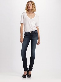 Slightly faded denim with an ultra-low rise, finished with skinny-leg construction.THE FITLow-rise Skinny leg Rise, about 8 Inseam, about 31THE DETAILSZip fly Button closure Five-pocket style Back patch pockets 92% cotton/7% polyester/1% spandex Machine wash Made in USA Slightly faded denim with an ultra-low rise, finished with skinny-leg construction.THE FITLow-rise Skinny leg Rise, about 8 Inseam, about 31THE DETAILSZip fly Button closure Five-pocket style Back patch pockets 92% cotton/7% polyester/1% spandex Machine wash Made in USA
