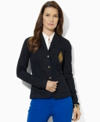 A wardrobe essential, Lauren Jeans Co.'s chic three-button blazer is crafted in stretch denim and finished with a signature crest at the chest. (Clearance) A wardrobe essential, Lauren Jeans Co.'s chic three-button blazer is crafted in stretch denim and finished with a signature crest at the chest. (Clearance)