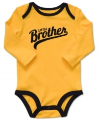 We are family. Let everyone know he has someone to look up to with this sporty Little Brother graphic bodysuit from Carter's. We are family. Let everyone know he has someone to look up to with this sporty Little Brother graphic bodysuit from Carter's.